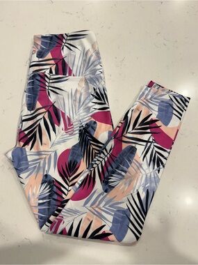 Balance Collection Tropical Leaf Print Leggings - Pink, Blue & Black